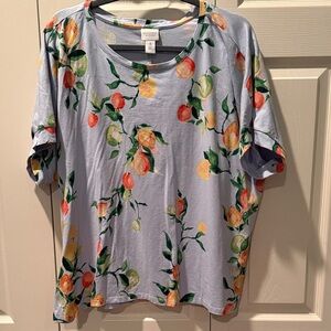 # Chico's Sz 3 (XL) Boxy Blue Fruit Print Short Sleeve Top